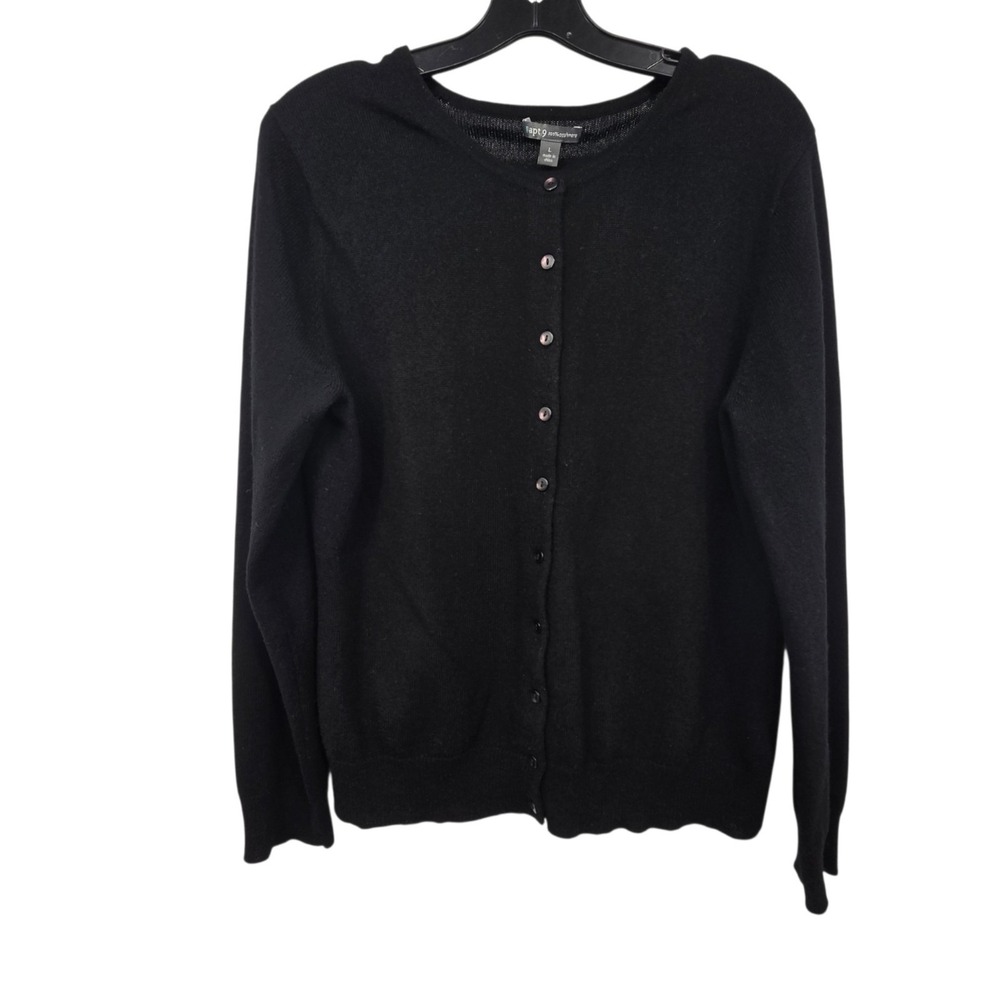 Apt. 9 100% Cashmere Cardigan Sweater Women L Black Crew Neck Long Sleeve Luxury